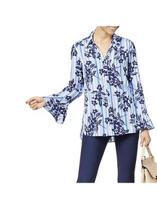 NY Collection Womens Bell Sleeves Striped Button-Down Top FLORAL BLUE SIZE L - Picture 1 of 7