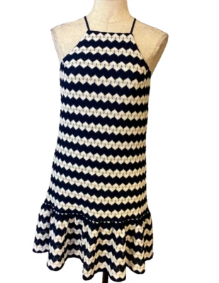 Vestido Trina Turk Blanco Azul Marino S Pequeño Crochet Elastizado Funda Lavable Resort Foto 1 de 4
