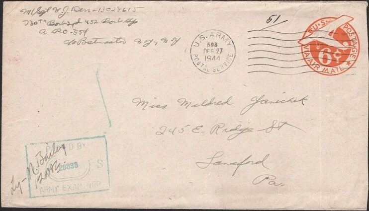 U.S 1944. Cover UC6v, UPSS AM25a-39, APO 598 - Lansford, Pa - Image 1 of 1