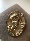 Vintage Gold Tone Cameo Repousse Brooch