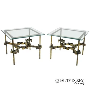 Pair Hollywood Regency Gold Gilt Iron Square Glass Top Brutalist Low End Tables - Picture 1 of 9