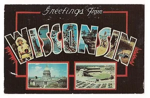 Greetings WISCONSIN Large Letter CAPITOL & BASEBALL Stadium Postcard 1959 1961 - Picture 1 of 1