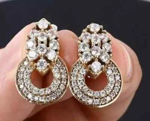 1.00 CT Round Cut Moissanite Women's Drop/Dangle Earrings 14K Yellow Gold Plated - Picture 1 of 4