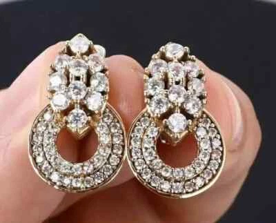 1.00 CT Round Cut Moissanite Women's Drop/Dangle Earrings 14K Yellow Gold Plated - Image 1 of 4