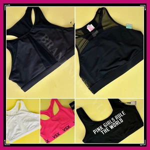 VICTORIAS SECRET PINK RACERBACK Black Mesh White Hot Pink SPORTS BRA L, XL NEW - Picture 1 of 11