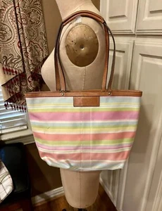 Coach Hampton Large Pastel Brown Tote Hanbag Strpes Canvas Leather Straps - Picture 1 of 6