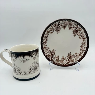 Floral Toile Mug and Plate Set, Brown & White Coffee Farmhouse Cottagecore - Image 1 of 4