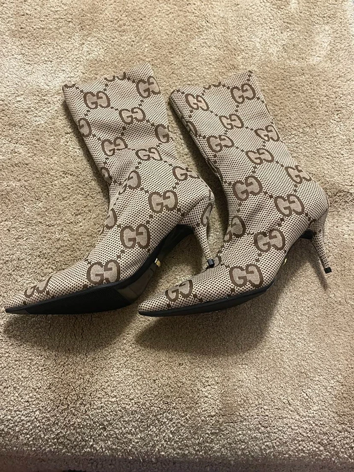 Gucci Vintage Brown And Beige GG Monogram Canvas Pointed Toe Ankle Boots - Image 1 of 4