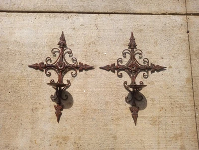 Vintage Gothic  Steel  Cross Candle Wall Sconce PAIR Weigh 2 Pounds Each - Image 1 of 4