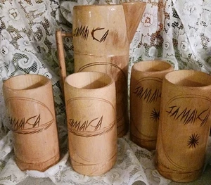 Handmade Bamboo Pitcher & 4 Tumblers Jamaica W/ Carved Designs - Picture 1 of 5