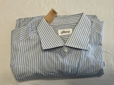Camisa de vestir Brioni para hombre azul y blanco a rayas manga larga con botones talla 41-16 Foto 1 de 4