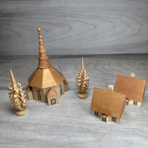 Erzgebirge German Village Church Houses Trees Hand Carved East Germany Folk Art - Picture 1 of 18