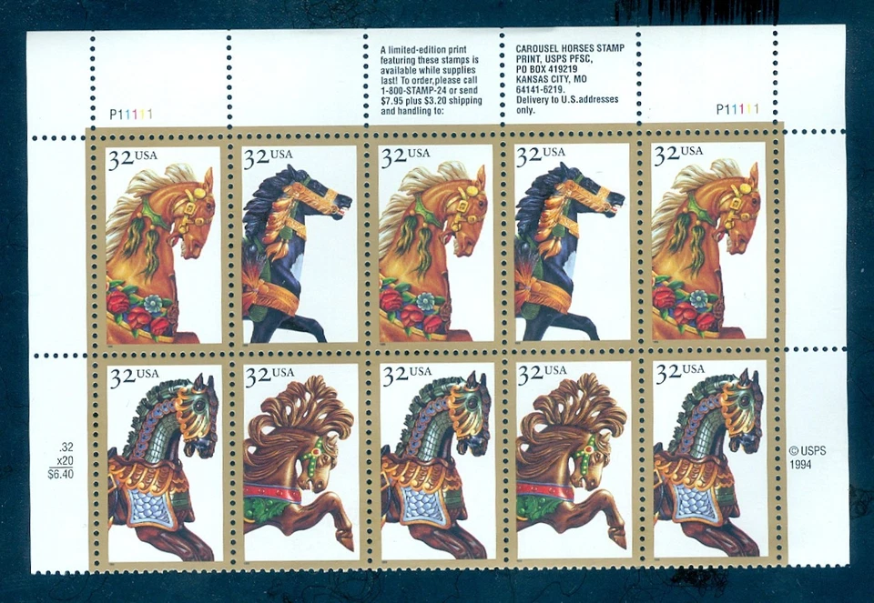 US 2976-2979 Carousel Horses, Plate # P11111 Block/10, Mint NH - Image 1 of 1