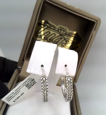 $799- 1/4CT TW WHITE NATURAL Diamond HINGE BACK ! HOOP EARRINGS SS/14K PL 925 - Image 1 of 4