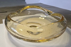 Vintage Kunst Glas Schale Schale Aschenbecher Bernstein Bullicante gefaltete Kanten kontrollierte Blase - Bild 1 von 11