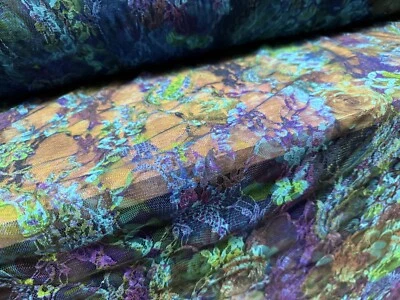 Stretch Spandex Mesh Lace Fabric, Per Metre - Paisley Rose Print - Blue & Purple - Image 1 of 3