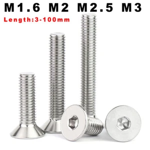 M1.6 M2 M2.5 M3 Countersunk CSK Bolt Allen Key Socket Screws A2 Stainless Steel - Picture 1 of 6
