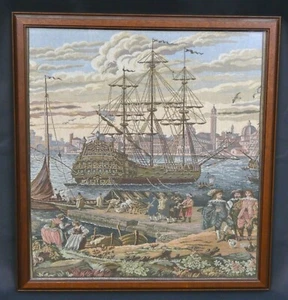 18"x20" Handcrafted Needlepoint Embroidery Artwork - Framed - Galleon at Port - Picture 1 of 5