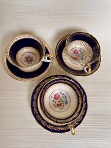 Set Of 3 Aynsley Tea Cup In Cobalt Blue With Floral Pattern Gold Gilt Various