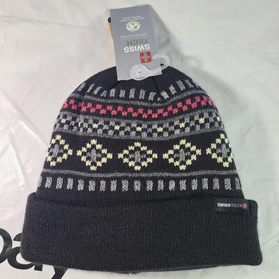 NUEVO CON ETIQUETAS Swiss Tech Unisex 1 Talla Puños Tejido Sombrero Negro 3M Thinsulate Forrado Gorro NUEVO Foto 1 de 4