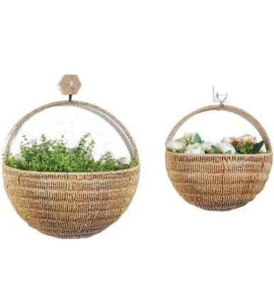 Handmade Woven 2PC Wall Hanging Storage Baskets Planter Decorative Metal Frame - Image 1 of 4