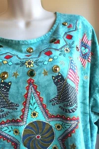 Stencils T Shirt Womens 2X 3X Plus Cotton Knit Teal S/Sleeve Star Flag Cat Motif - Picture 1 of 6