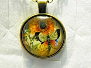 Sunflower/butterfly necklace in glass and bronze with 20 inch adj chain - Picture 1 of 3