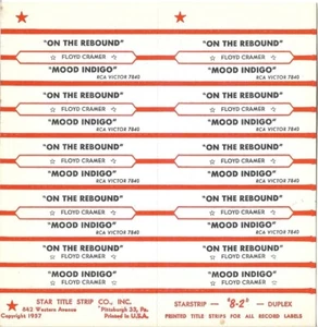 Jukebox Title Strip Sheet - Floyd Cramer: "On The Rebound"/ "Mood Indigo" - '61 - Picture 1 of 1