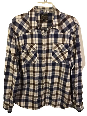 Lucky Brand Pearl Snap Western Flannel Shirt Mens XL Blue/White/Brown Plaid Work - Image 1 of 4