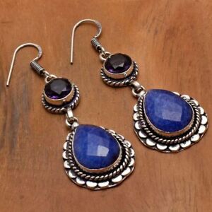Blue Sapphire Amethyst Handmade Drop Dangle Earrings Jewelry 2.2" AE 19007
