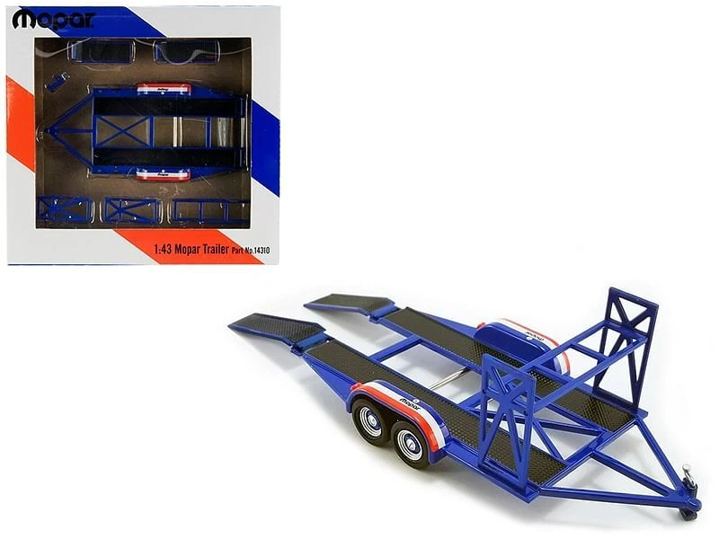 Tandem Car Trailer with Tire Rack Blue "Mopar" for 1/43 Scale Model Cars by GMP - Image 1 of 1