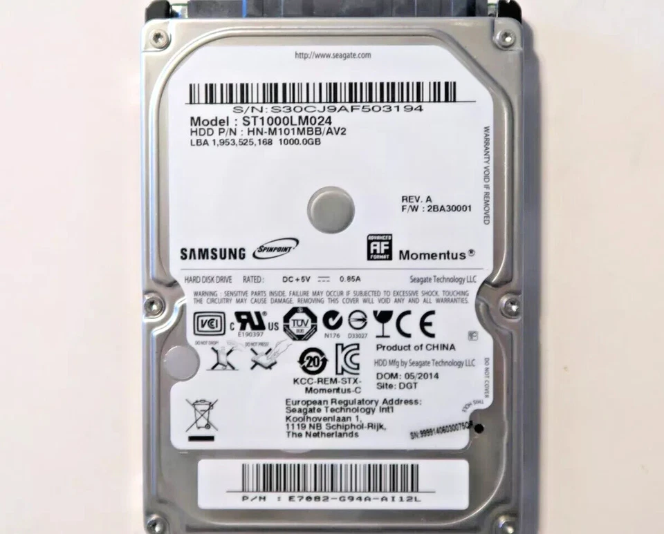 Samsung ST1000LM024 HN-M101MBB/AV2 (S30C) E7082-G94A 2.5" 1TB 2BA30001 05/2014 - Image 1 of 1
