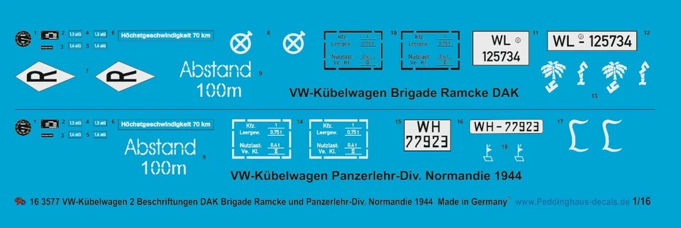 Peddinghaus-Decals 1/16 3577 Vw-Kübelwagen 2 Étiquettes Dak Brigade Ramcke - Photo 1/1