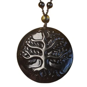 Cristal Natural Negro Obsidiana Árbol de la Vida Collar Colgante Cuentas con Cadena - Imagen 1 de 6