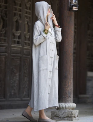 Hooded Cape Coat Womens Maxi Full Long Poncho Cotton Linen Kaftan Outwear Casual - Image 1 of 4