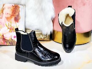 New Womens Fur Lined Ankle Chelsea Boots Ladies Winter warm studded Flat Shoes 