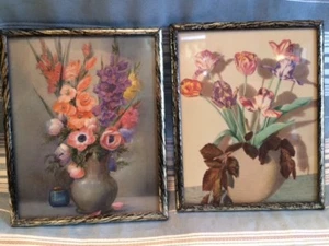 2 Bouquet in Vases  Metal Wrapped Framed picture Set Vintage - Picture 1 of 6