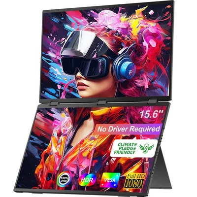 15.6" Folding Monitor Dual Portable Foldable Display 1080P Screen w/Kickstand - Image 1 of 4