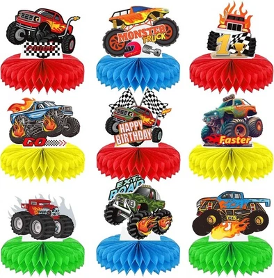 Centros de mesa de panal Monster Truck 9 piezas temáticos decoración fiesta de cumpleaños centavo Foto 1 de 4