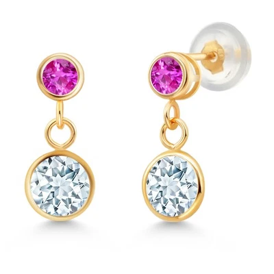 Pendientes redondos de oro amarillo de 14K con zafiro rosa aguamarina azul cielo de 1,77 quilates Foto 1 de 4