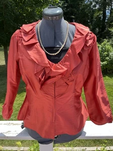 FLORES & FLORES Silk Burnt Orange Blouse Sz 14 Ruffled Collar 3/4 Sleeves Formal - Picture 1 of 6