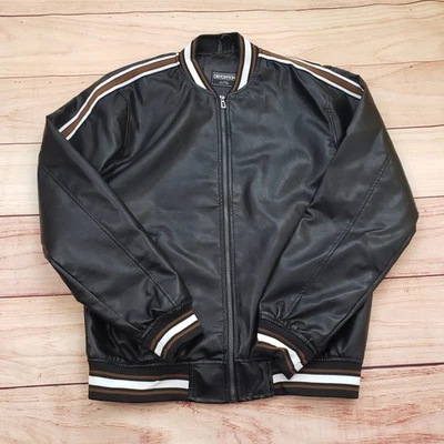 Distortion Jacket Mens Extra Large Black Faux Leather Bomber Stripe Biker Moto - Image 1 of 4