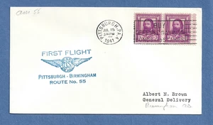 PRIMER VUELO RUTA 55 PITTSBURGH A BIRMINGHAM ALA 15 DE JULIO DE 1941 MARRÓN - Imagen 1 de 1