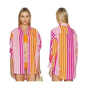 Beach Riot Pink Sunset Stripes Button Down Alexa Cover-Up Top L/XL Resortwear - Picture 1 of 6