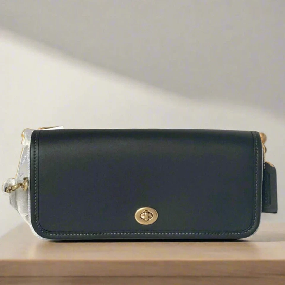 Coach Dinky Black Leather Shoulder Bag CW641 Gold Chain Strap Original