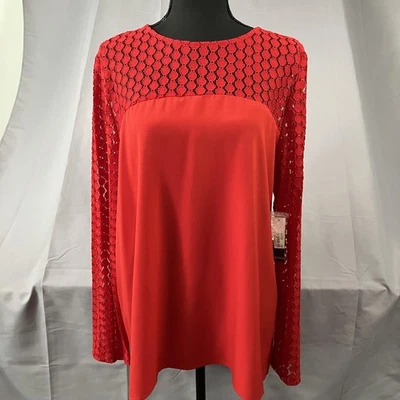 Blusa Kensie Feminina XL Renda Vermelha Manga Longa Transparente Jugo Túnica Top Nova - Imagem 1 de 4