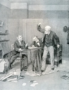 Stubborn de Louis Moeller 1895 - Interior realista con tres hombres debatiendo - Imagen 1 de 4