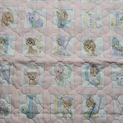 VINTAGE PRECIOUS MOMENTS QUILTED PINK ALPHABET HANDMADE BABY BLANKET - Image 1 of 4