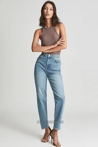 Pantalones de mezclilla para mujer REISS de cintura alta ajustados de corte recto en azul medio