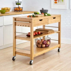 Kitchen Cart with Drawers Bamboo Wood Storage Utility Shelves Rolling 48-Inch - Picture 1 of 4